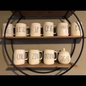 9 Rae Dunn Mugs and Sugar Jar.